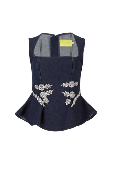 INDIGO EMBELLISHED SQUARE NECK CORSET TOP MARQUES ALMEIDA