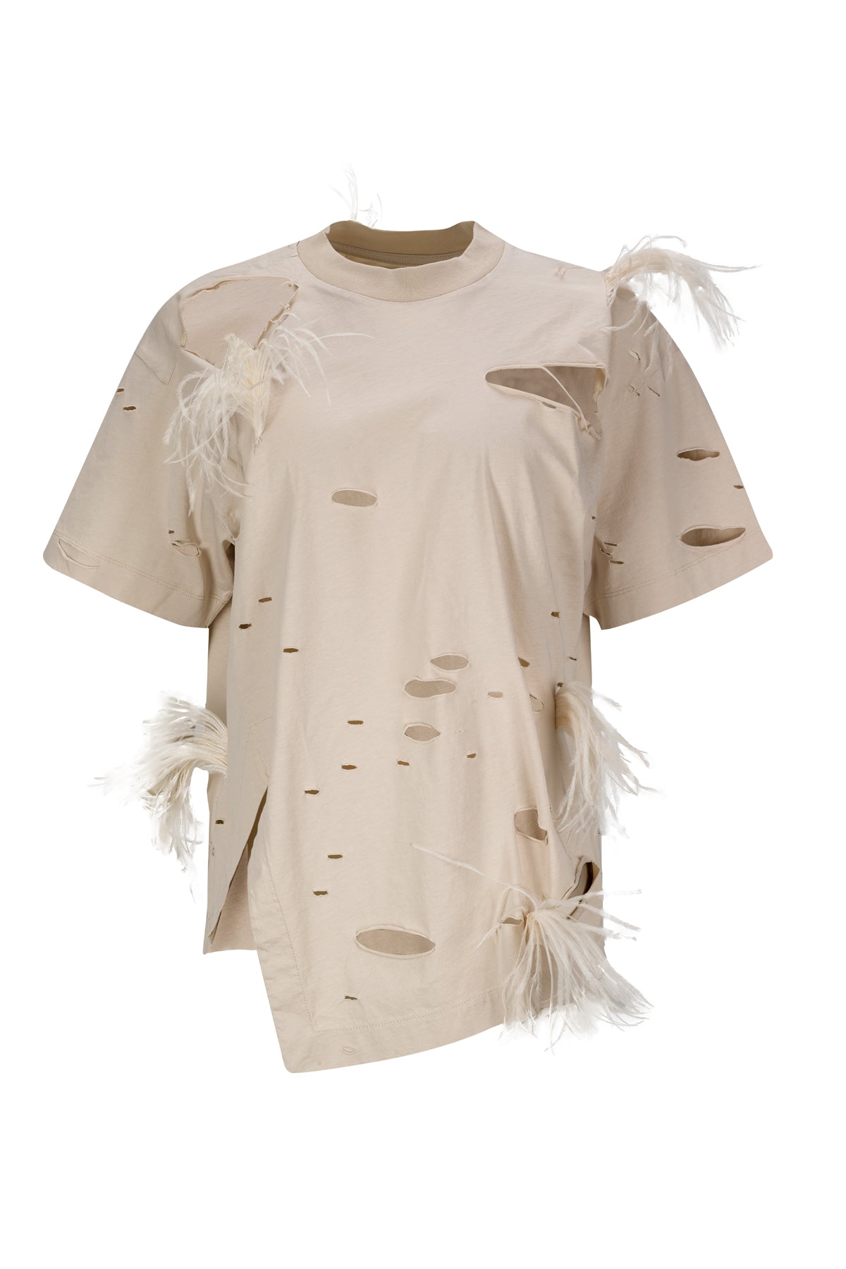 BEIGE DISTRESSED T-SHIRT WITH FEATHERS marques almeida
