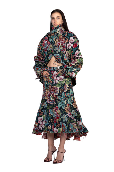 BLACK BROCADE MIDI FLARE SKIRT WITH BELT marques almeida