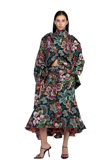 BLACK BROCADE MIDI FLARE SKIRT WITH BELT marques almeida