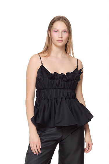 BLACK LINEN GATHERED STRAP TOP marques almeida