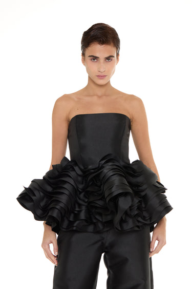 BLACK MIKADO STRAPLESS LAYERED FRILL TOP marques almeida
