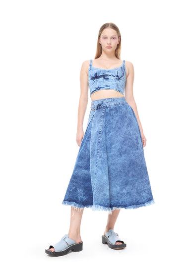 BLUE ACID WASH MIDI KILT SKIRT WITH BUCKLE FASTENING marques almeida