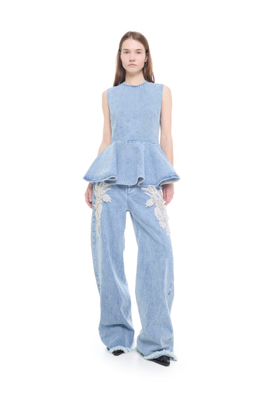BLUE BLEACHED EMBELLISHED DENIM BOYFRIEND TROUSERS marques almeida