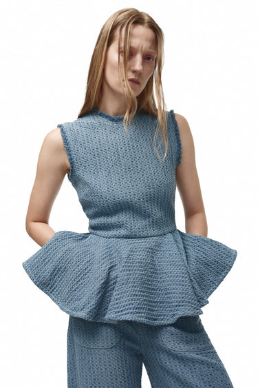 BLUE TWEED DENIM ROUND NECK PEPLUM TOP marques almeida