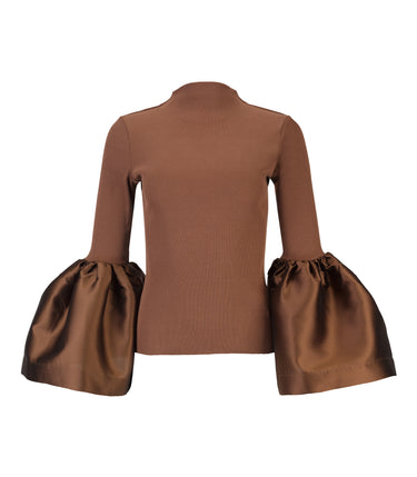BROWN RIB JERSEY TURTLENECK PUFF SLEEVE TOP MARQUES ALMEIDA
