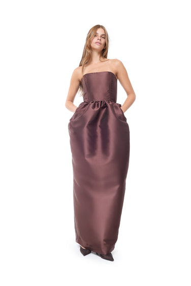 BROWN STRAPLESS TULIP LONG DRESS marques almeida