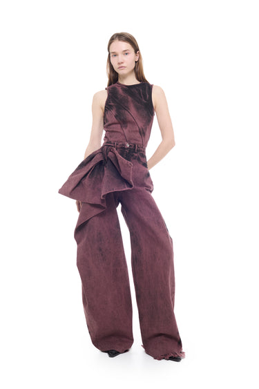 BURGUNDY OVERDYED DENIM BOW BOYFRIEND TROUSERS marques almeida
