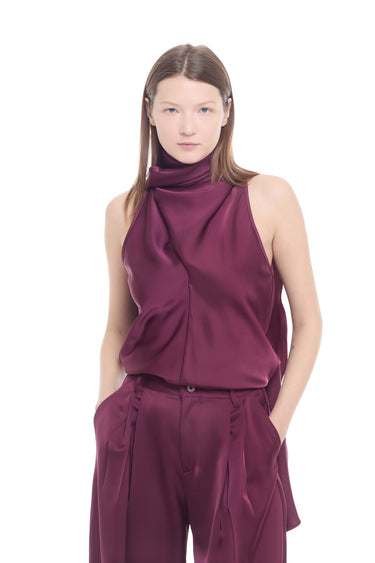 BURGUNDY SATIN HALTERNECK DRAPED TOP MARQUES ALMEIDA