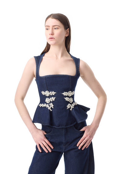INDIGO EMBELLISHED SQUARE NECK CORSET TOP MARQUES ALMEIDA
