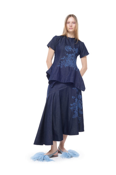 INDIGO FLOWER DENIM CAP SLEEVE TOP marques almeida