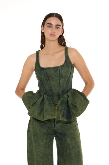 KHAKI OVERDYE DENIM PEPLUM CORSET TOP marques almeida