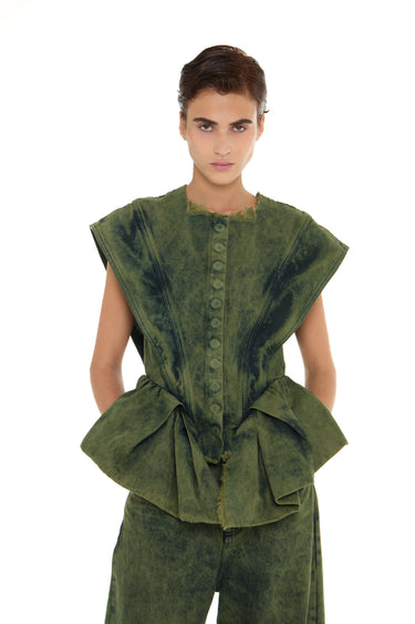 KHAKI OVERDYE DENIM STRUCTURED SHOULDER CINCHED TOP marques almeida