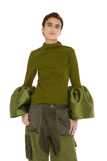 KHAKI TURTLENECK PUFF SLEEVE TOP