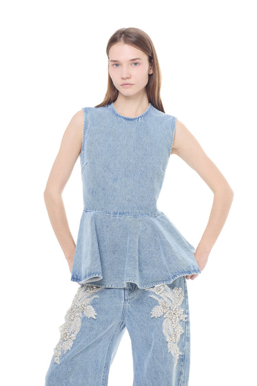 LIGHT BLUE BLEACHED ROUND NECK PEPLUM TOP