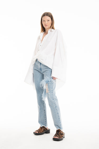 LIGHT BLUE DENIM RIP FEATHER TROUSERS marques almeida