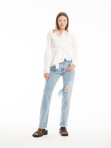 LIGHT BLUE DENIM RIP FEATHER TROUSERS marques almeida