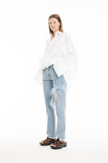 LIGHT BLUE DENIM RIP FEATHER TROUSERS marques almeida