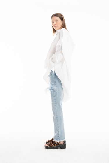 LIGHT BLUE DENIM RIP FEATHER TROUSERS marques almeida