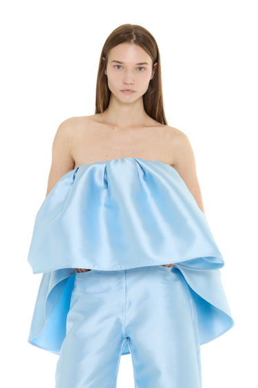 LIGHT BLUE MIKADO STRAPLESS PLEATED PUFF TOP marques almeida