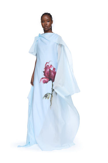 LIGHT BLUE WATERCOLOR FLOWER SCARF DRAPE LONG DRESS marques almeida