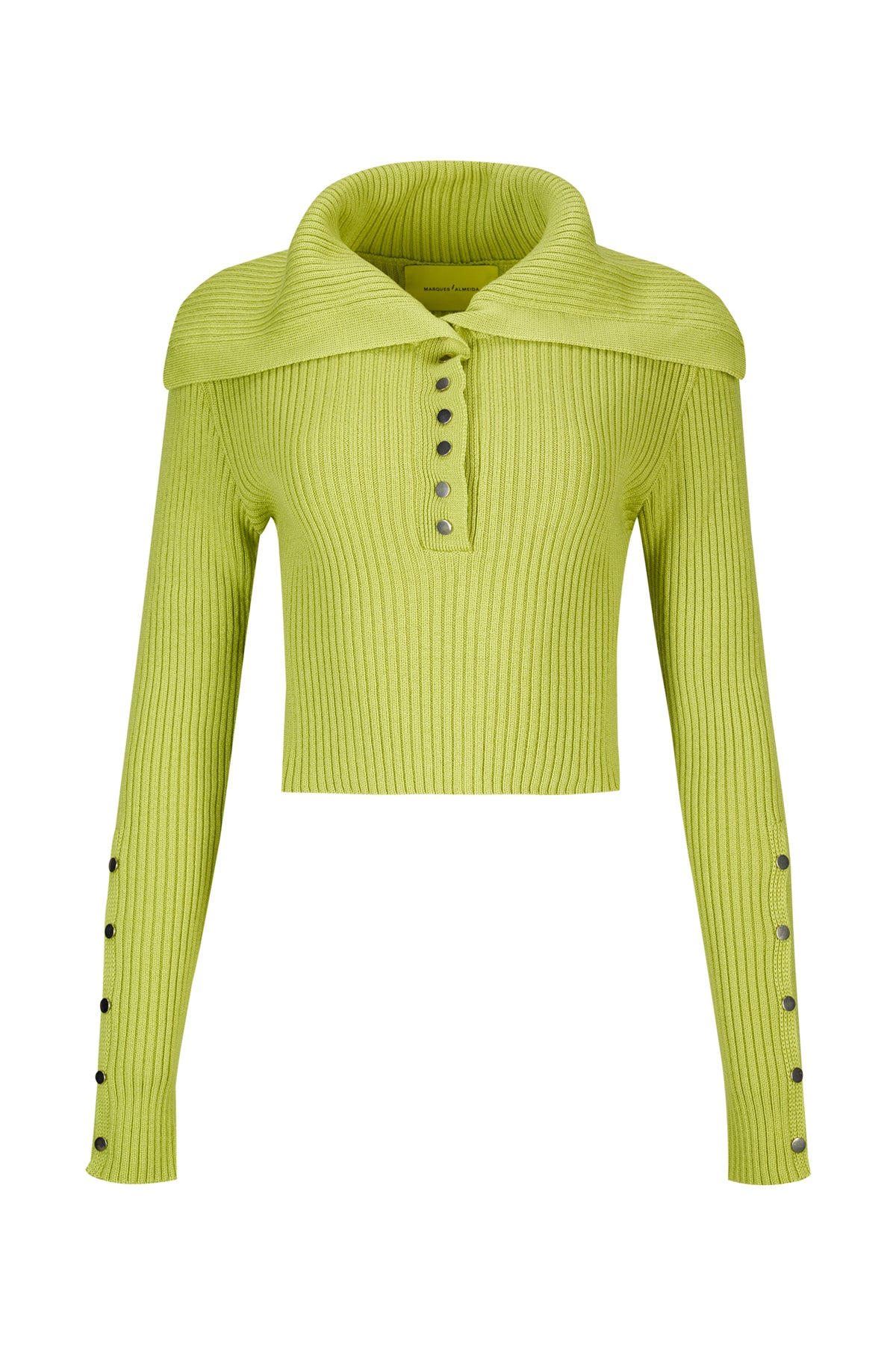LIME MERINO WOOL KNITTED CROPPED TOP WITH BIG COLLAR