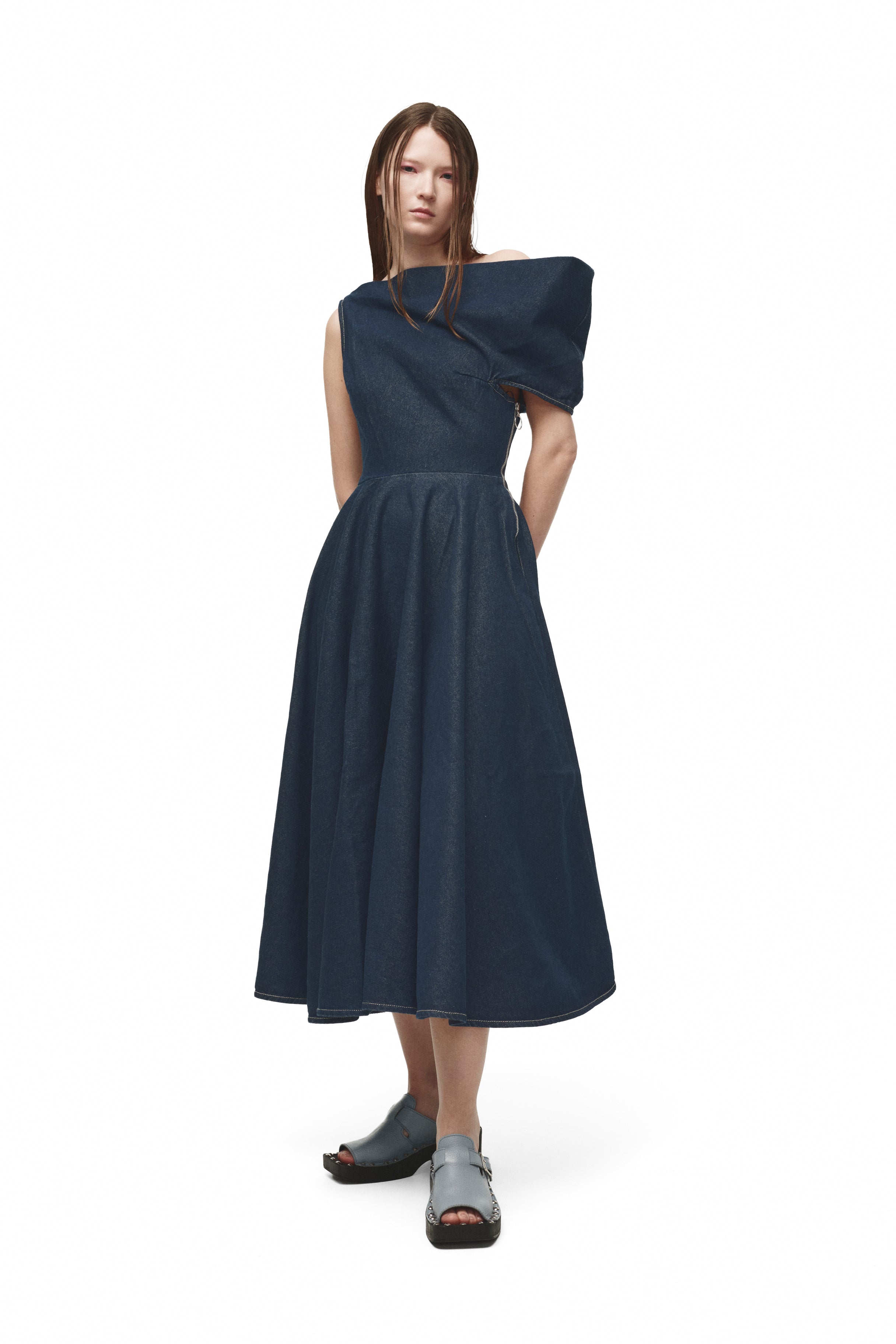 INDIGO DENIM OFF-SHOULDER MIDI DRESS