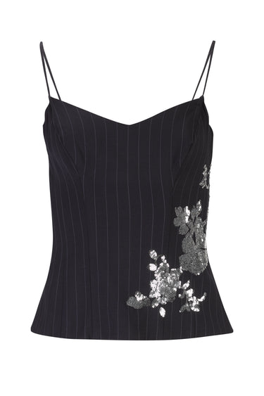 NAVY PINSTRIPE CORSET TOP WITH EMBROIDERY marques almeida