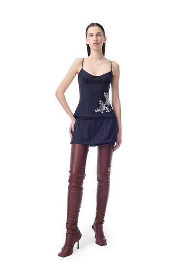 NAVY PINSTRIPE CORSET TOP WITH EMBROIDERY marques almeida