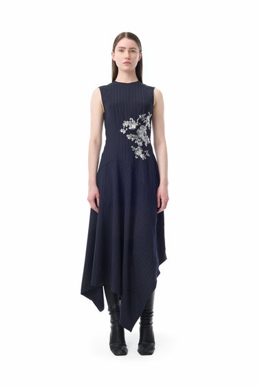 NAVY PINSTRIPE SLEEVELESS DRESS WITH EMBROIDERY marques almeida