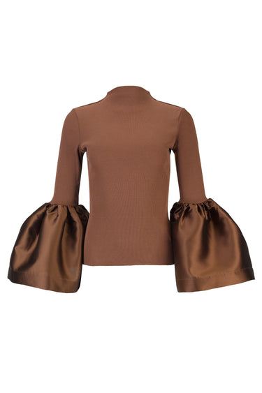 BROWN RIB JERSEY TURTLENECK PUFF SLEEVE TOP MARQUES ALMEIDA