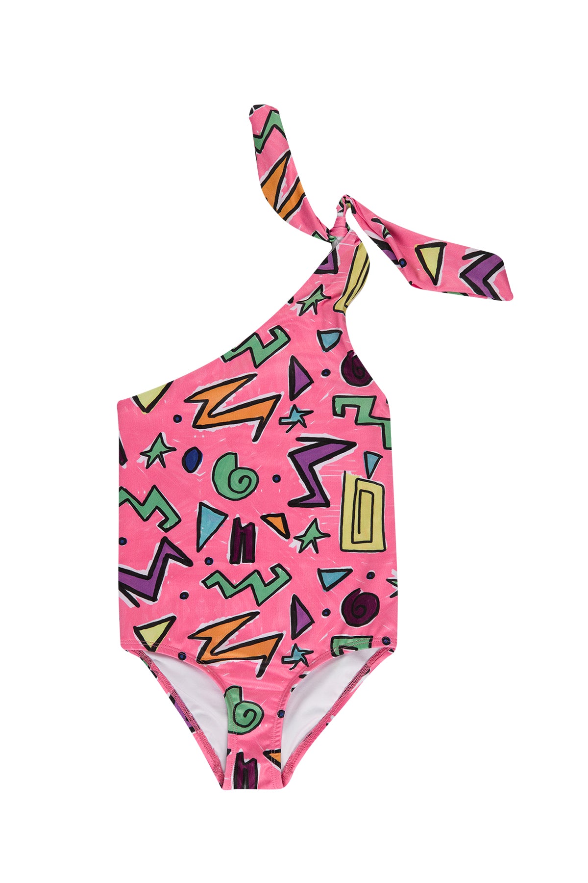 PINK SQUIGGLE PRINT ONE-SHOULDER SWIMSUIT makids