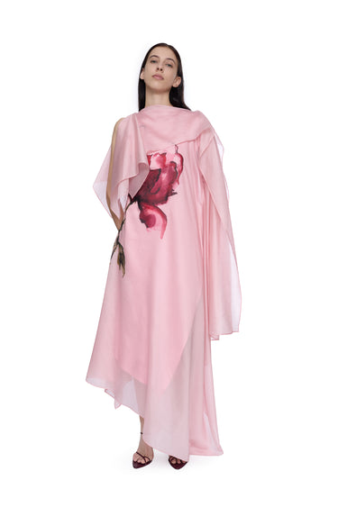 PINK WATERCOLOUR FLOWER SCARF DRAPE MIDI DRESS MARQUES ALMEIDA