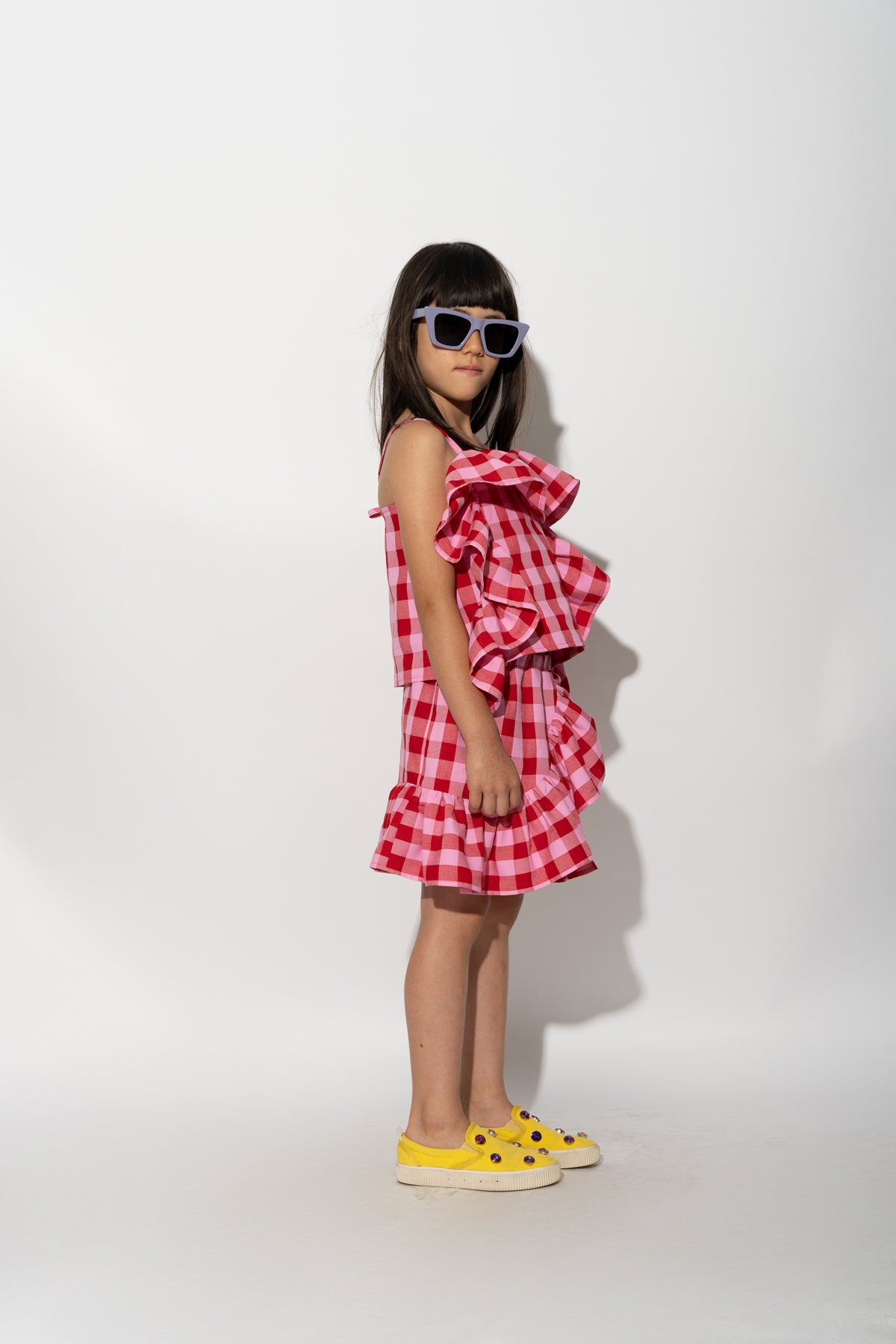 RED AND PINK GINGHAM FRILL TOP makids