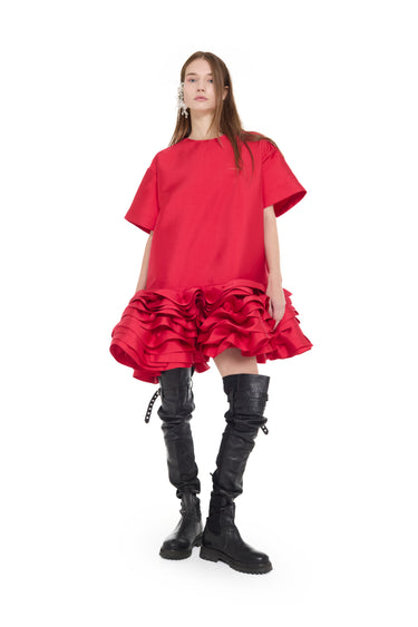 RED MIKADO T-SHIRT LOOSE FIT FRILL DRESS marques almeida