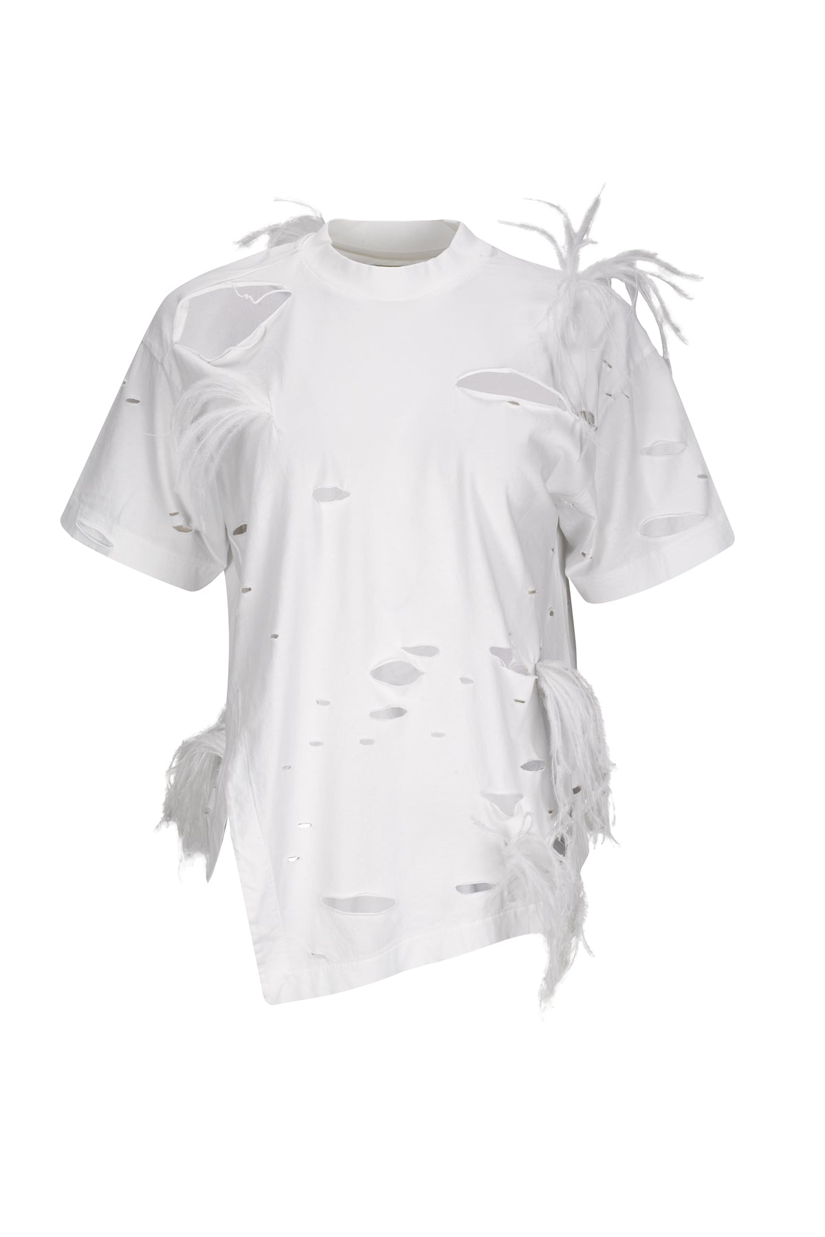 WHITE DISTRESSED T-SHIRT WITH FEATHERS