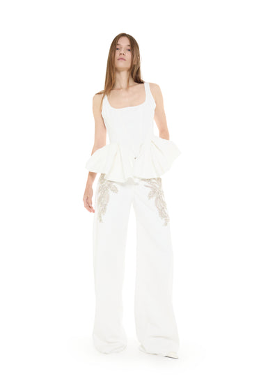 WHITE DRILL EMBELLISHED BOYFRIEND TROUSERS
