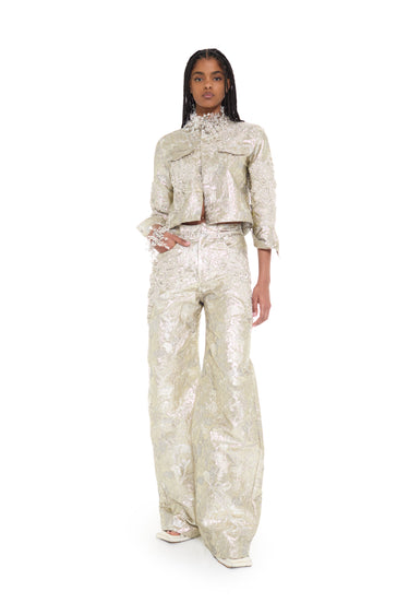 WHITE METALLIC BROCADE EMBELLISHED BOYFRIEND TROUSERS marques almeida