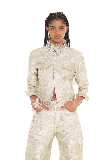 WHITE METALLIC BROCADE EMBELLISHED SLIM FITTED JACKET marques almeida