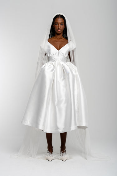 WHITE V NECK CINCHED PLEATED MIDI DRESS marques almeida