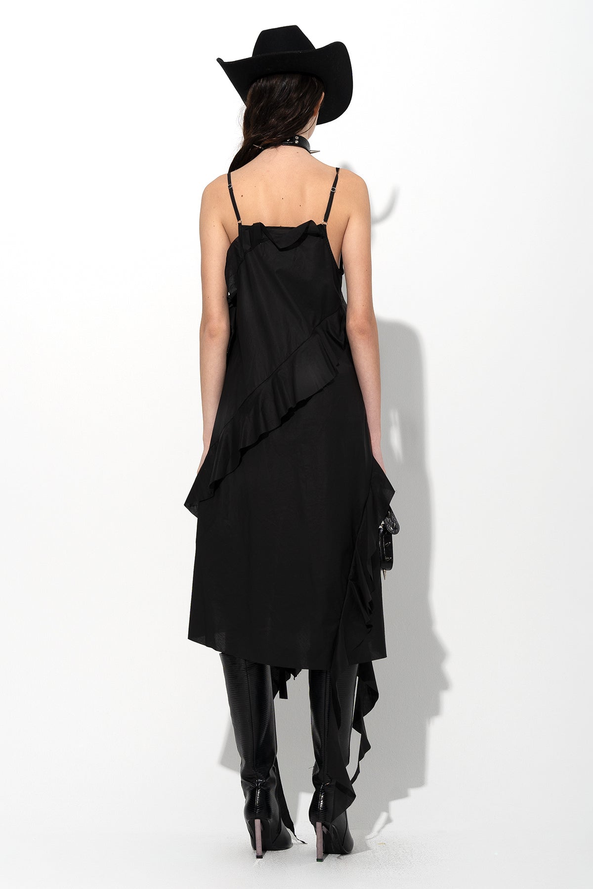 BLACK STRAP DRESS WITH ASYMMETRIC CASCADING FRILLS marques almeida