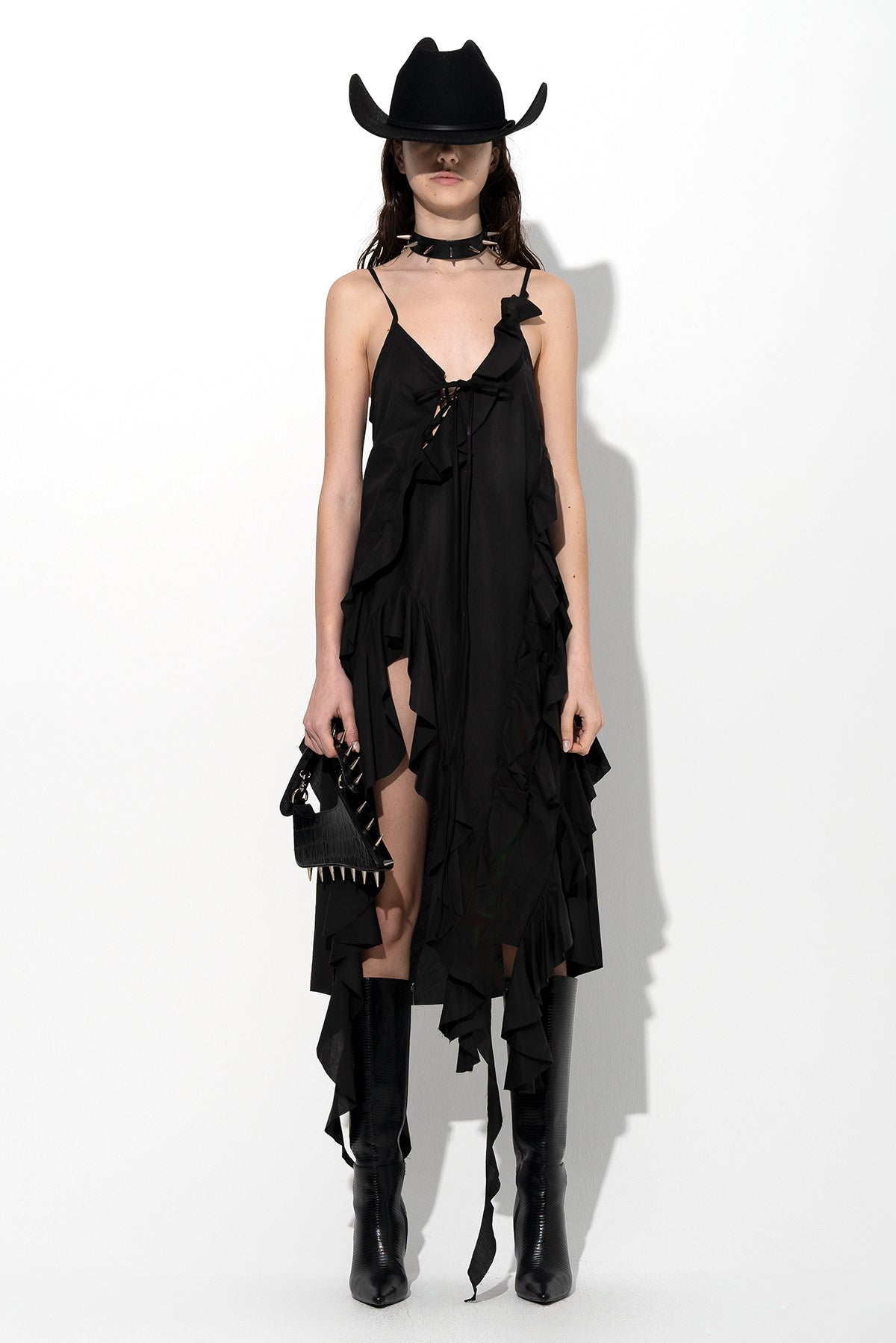 BLACK STRAP DRESS WITH ASYMMETRIC CASCADING FRILLS MARQUES ' ALMEIDA BLACK STRAP DRESS WITH ASYMMETRIC CASCADING FRILLS MARQUES ' ALMEIDA