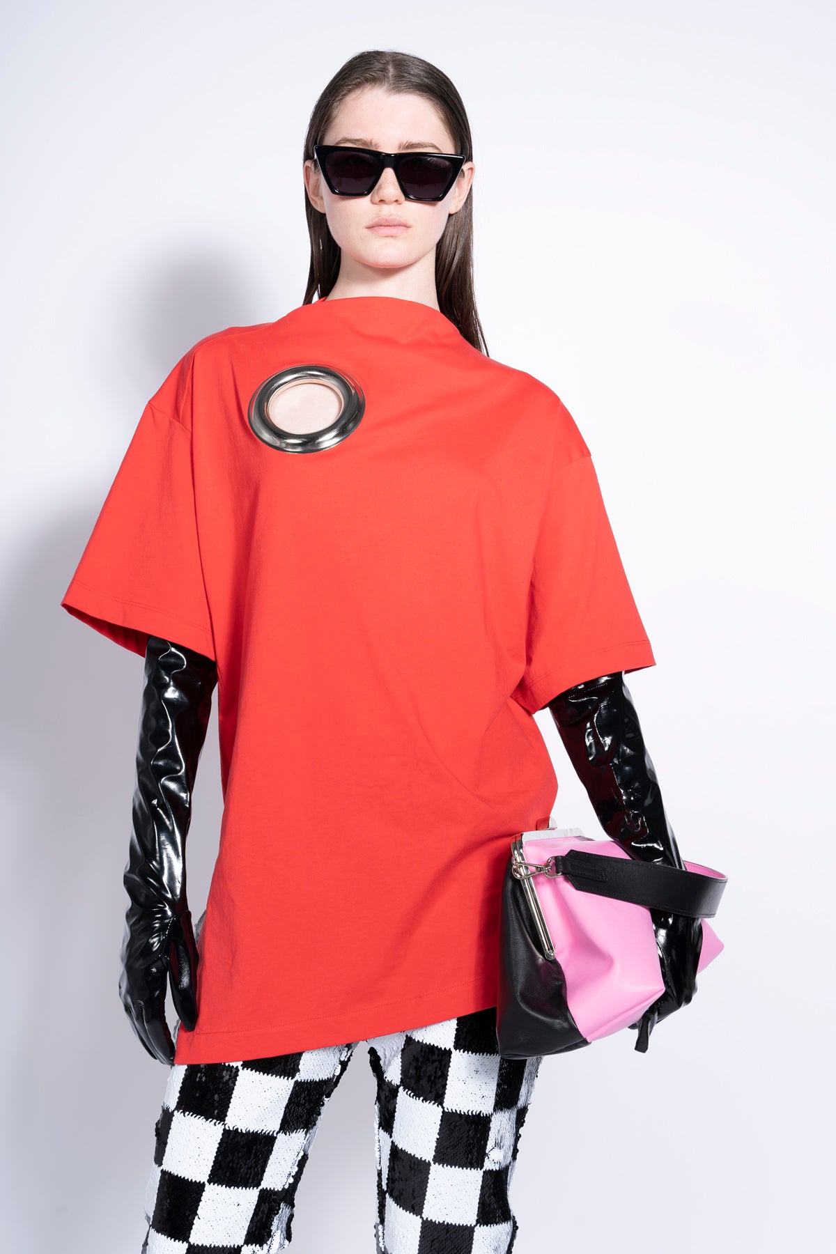 RED OVERSIZED T-SHIRT WITH BIG EYELET marques almeida