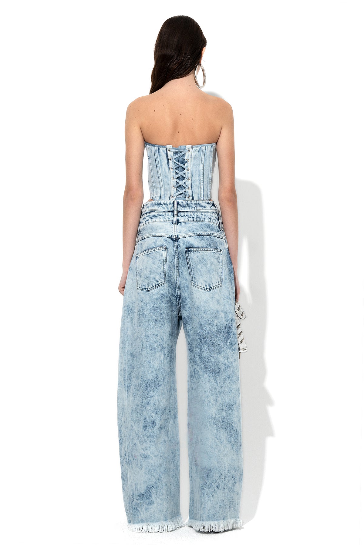 ACID WASH DENIM DOUBLE WAIST BOYFRIEND TROUSERS