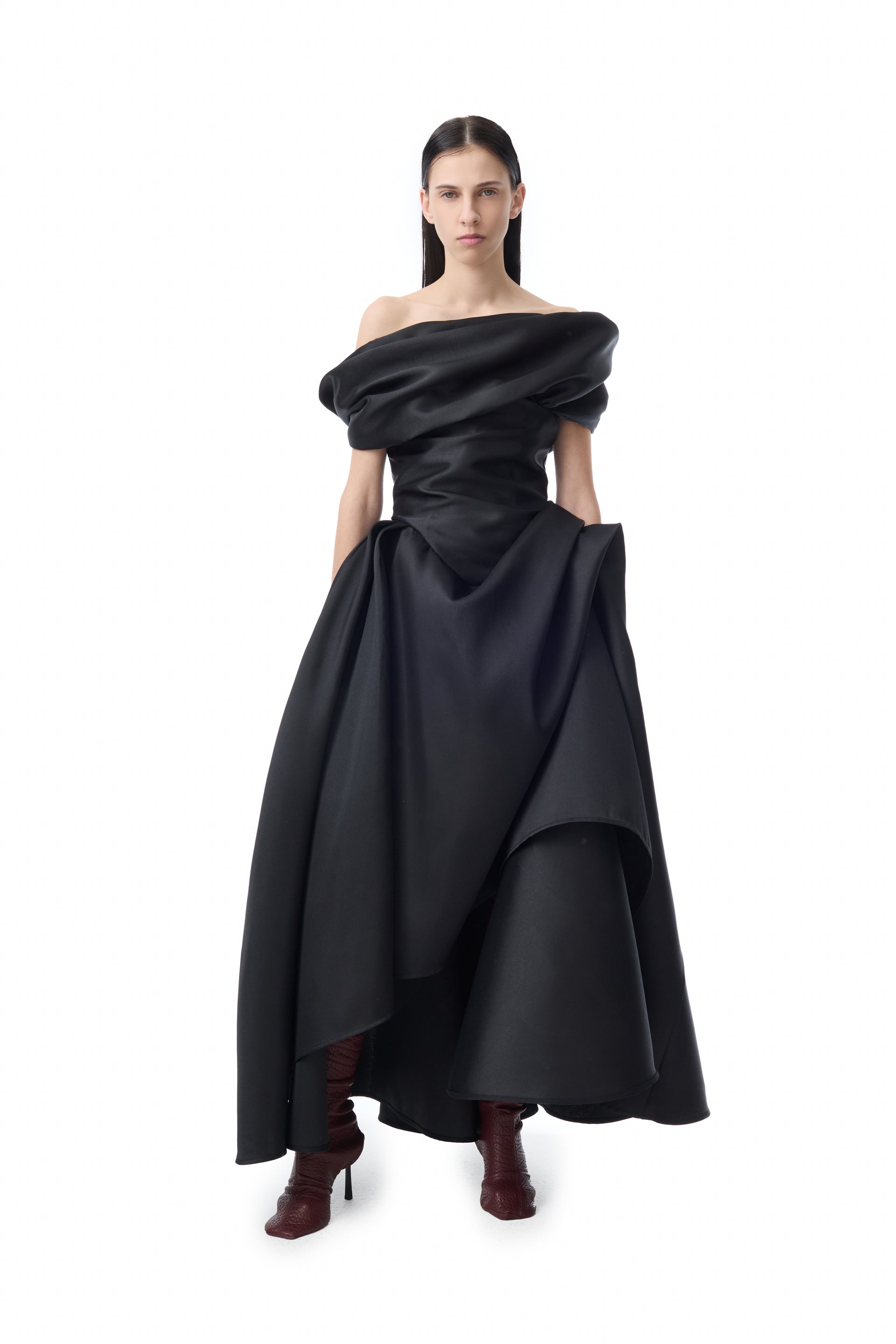 draped shoulder midi dress Off-shoulder draped midi dress in Black