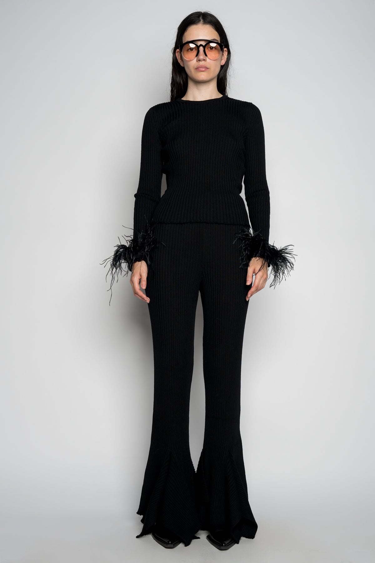 BLACK MERINO WOOL FITTED TOP WITH FEATHERS marques almeida