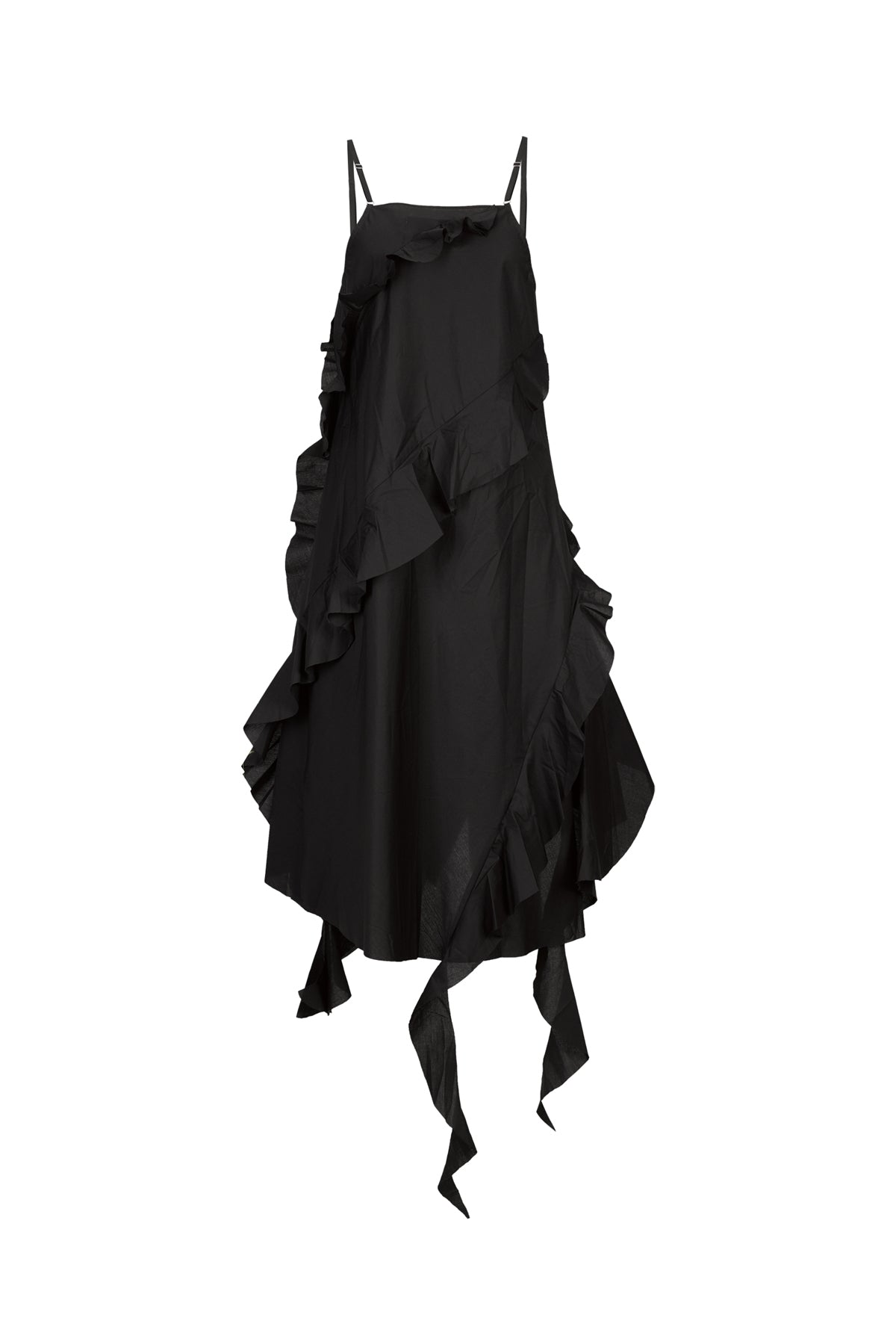 BLACK STRAP DRESS WITH ASYMMETRIC CASCADING FRILLS marques almeida