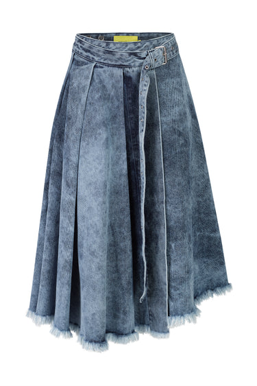 BLUE ACID WASH MIDI KILT SKIRT WITH BUCKLE FASTENING marques almeida