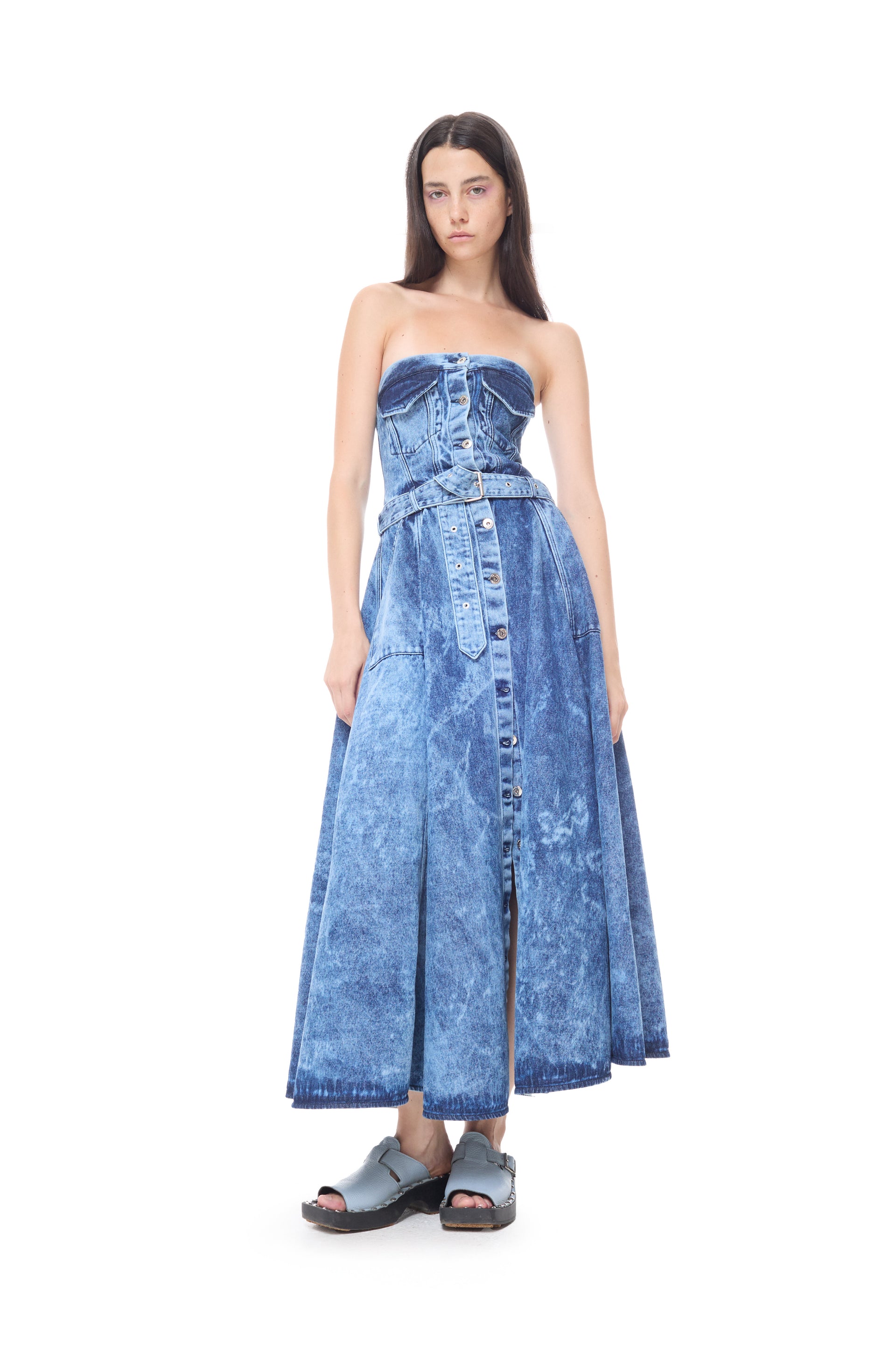 aqua denim bustier midi dress Adara Corset Maxi Dress