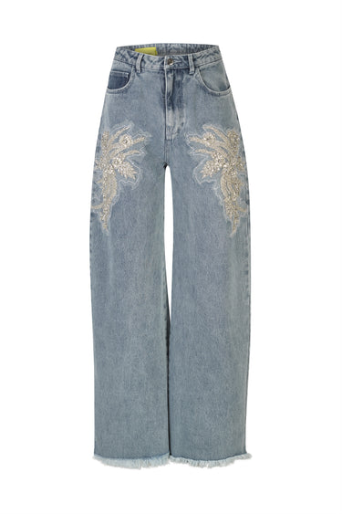 BLUE BLEACHED EMBELLISHED DENIM BOYFRIEND TROUSERS marques almeida